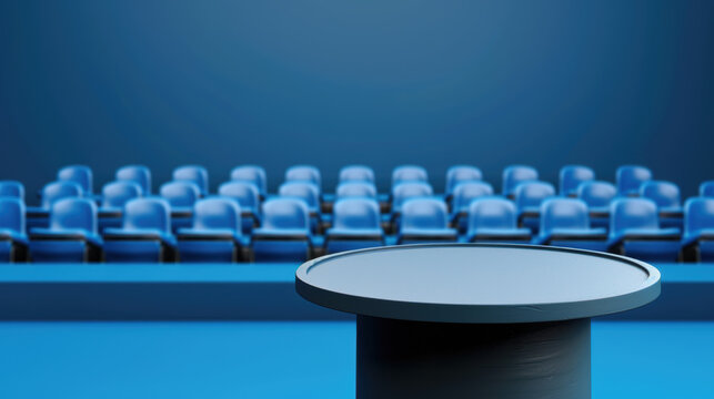 Blank podium with a school assembly backdrop, stage and seating visible