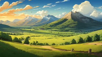 Obraz premium Idyllic Green Valley With Mountains. Serene Landscape Painting