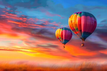 Obraz premium Colorful hot air balloons soar through a stunning sunset sky, against the backdrop of a breathtaking natural landscape.