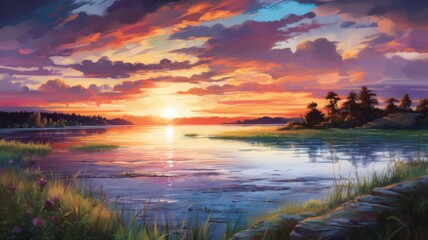 Serene sunset over a tranquil lake, vibrant sky with colorful clouds reflected in the water. Concept of nature, landscape, peace, beauty, and tranquility