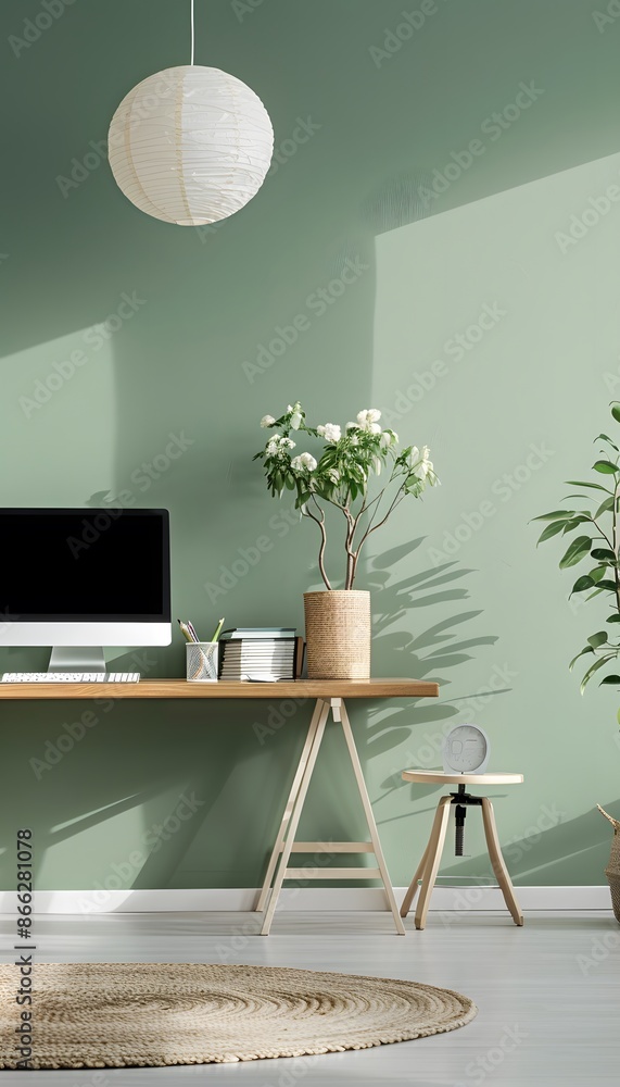 Poster Modern home office interior with mint green wall, desk and computer mock up, simple decor, professional work space concept