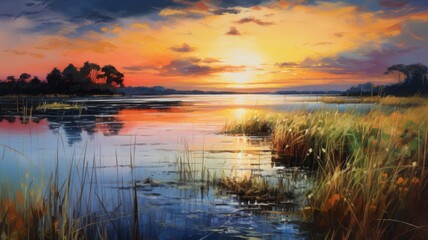 Obraz premium Serene Sunset over Tranquil Lake. A Painting of Nature's Beauty