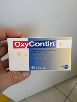 Prague,Czech republic-June 28 2024: OXYCONTIN box of medication with Oxycodone active substance by Purdue Pharma, used for treatment of chronic and severe pain relief.