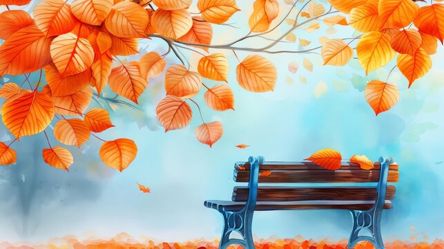 Tranquil park scene with bench underneath vibrant orange autumn leaves, creating a serene and colorful fall atmosphere in nature.