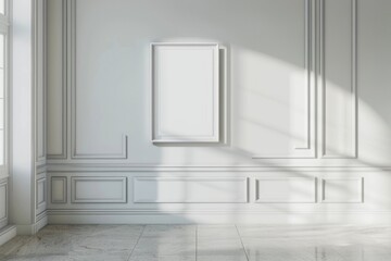 Close-up layout of poster frame in empty interior, 3d visualization, White background