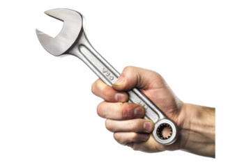 Hand holding adjustable wrench isolated on transparent background