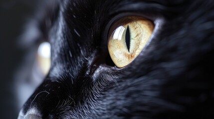 Close-up of black cat's golden right eye