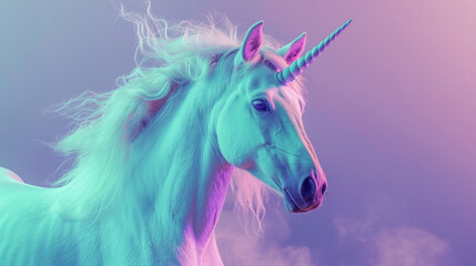 Fototapeta premium A light blue unicorn on the lavender background