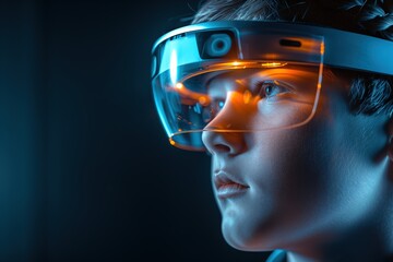 Close-Up of a Young Boy Wearing Augmented Reality Glasses with Futuristic Lighting

