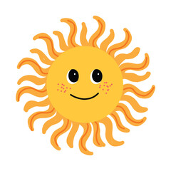 Cute vector sun. Sun with rays and smile. Children's illustration. Print. White isolated background.