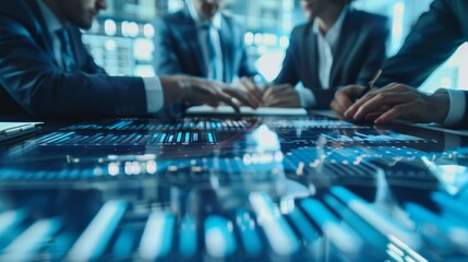 Financial professionals planning cash flow tactics on digital table in modern office setting