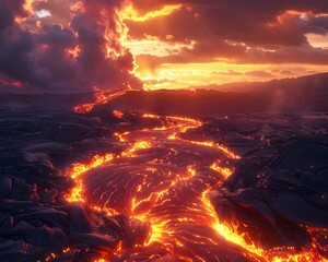 Intense Fiery Volcanic Landscape with Molten Lava River Flowing Through Dramatic Sky