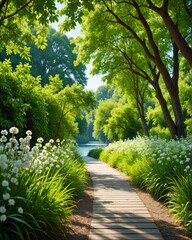 A vibrant photograph of a serene riverside path lined with lush green trees and flowering plants. The clear blue sky adds to the tranquility.