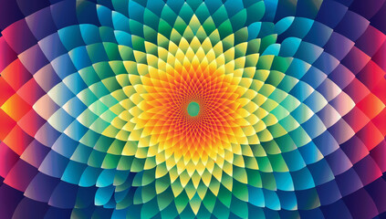 A vibrant background with intricate patterns and vibrant colors that evoke a sense of movement and depth, inspired by psychedelic art and op-art designs. Featuring symmetrical geometric shapes f