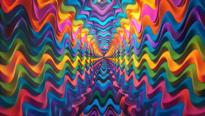 A vibrant background with intricate patterns and vibrant colors that evoke a sense of movement and depth, inspired by psychedelic art and op-art designs. Featuring symmetrical geometric shapes f