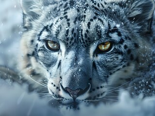 Piercing Gaze of a Camouflaged Snow Leopard Amid Icy Habitat