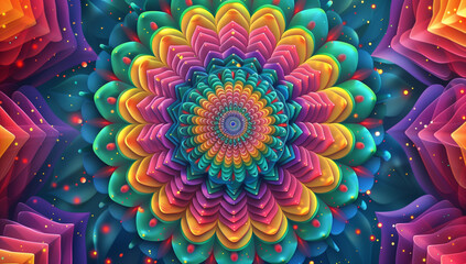 A vibrant background with intricate patterns and vibrant colors that evoke a sense of movement and depth, inspired by psychedelic art and op-art designs. Featuring symmetrical geometric shapes f