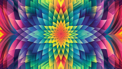 A vibrant background with intricate patterns and vibrant colors that evoke a sense of movement and depth, inspired by psychedelic art and op-art designs. Featuring symmetrical geometric shapes f