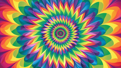 A vibrant background with intricate patterns and vibrant colors that evoke a sense of movement and depth, inspired by psychedelic art and op-art designs. Featuring symmetrical geometric shapes f
