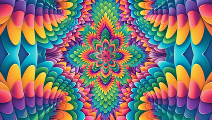 A vibrant background with intricate patterns and vibrant colors that evoke a sense of movement and depth, inspired by psychedelic art and op-art designs. Featuring symmetrical geometric shapes f