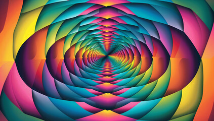 A vibrant background with intricate patterns and vibrant colors that evoke a sense of movement and depth, inspired by psychedelic art and op-art designs. Featuring symmetrical geometric shapes f