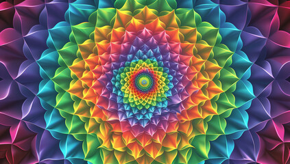 A vibrant background with intricate patterns and vibrant colors that evoke a sense of movement and depth, inspired by psychedelic art and op-art designs. Featuring symmetrical geometric shapes f