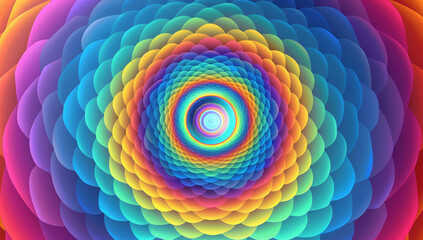 A vibrant background with intricate patterns and vibrant colors that evoke a sense of movement and depth, inspired by psychedelic art and op-art designs. Featuring symmetrical geometric shapes f