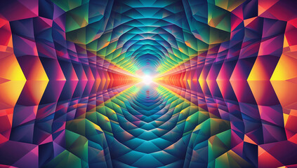 A vibrant background with intricate patterns and vibrant colors that evoke a sense of movement and depth, inspired by psychedelic art and op-art designs. Featuring symmetrical geometric shapes f