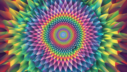 A vibrant background with intricate patterns and vibrant colors that evoke a sense of movement and depth, inspired by psychedelic art and op-art designs. Featuring symmetrical geometric shapes f