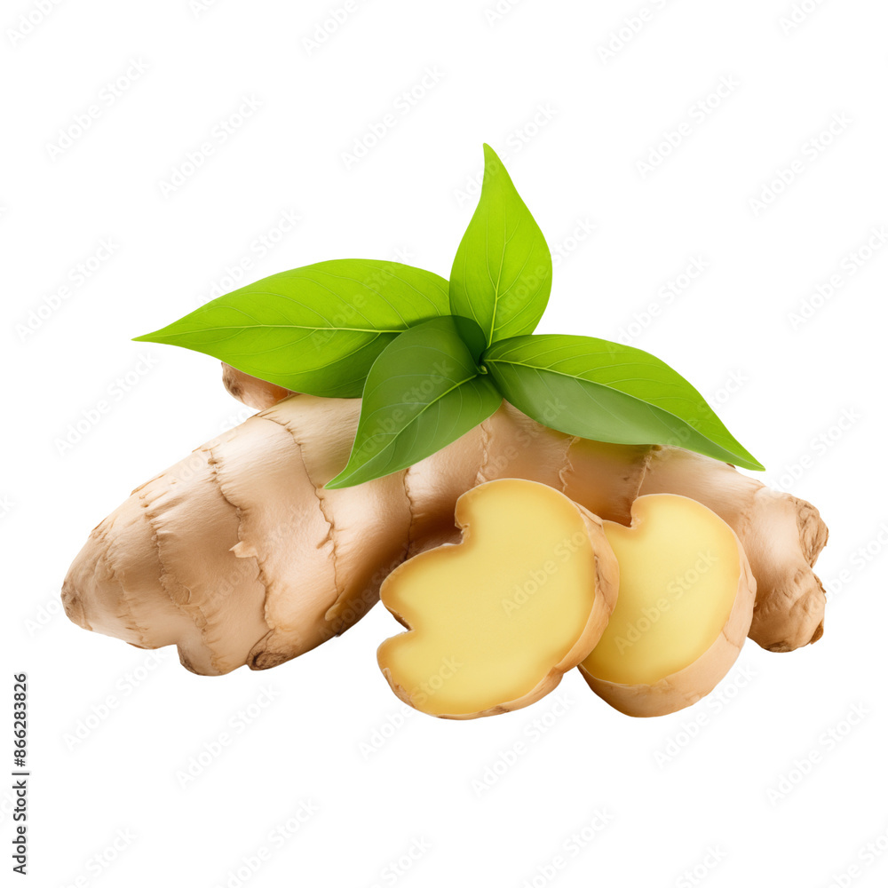 Wall mural fresh ginger root with green leaves isolated on transparent or white background, png