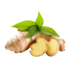 Fototapeta premium Fresh ginger root with green leaves isolated on transparent or white background, png