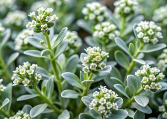 Delicate, intricate, and ornate gray-green leaves of sweet alyssum foliage, featuring soft, tiny hairs and gentle curves, inviting a sense of serenity and calmness.