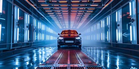Auto painter spraying car inside a paint booth for a professional finish. Concept Automotive Painting, Spray Booth, Professional Finish, Auto Body Work