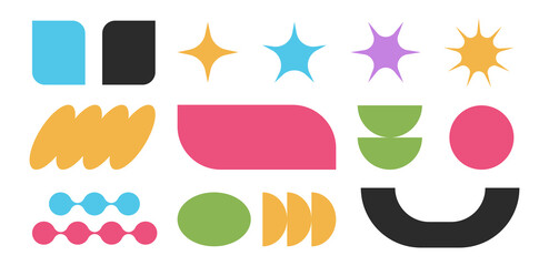 Set of abstract brutal shapes and forms in flat style, sticker set of retro geometric figures. Vector illustration.