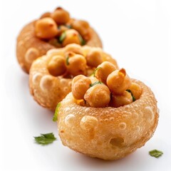 Closeup of three indian Pani Puri filled with chickpeas, white background