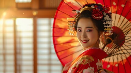 A beautiful Japanese maiko smiles at the camera while holding a red umbrella.