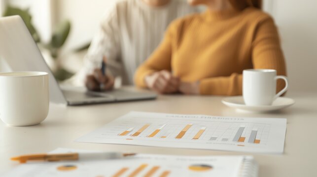 A couple is sitting at a desk looking at a laptop. There are some graphs and charts on the desk. The woman is holding a pen. The man is holding a cup of coffee. - Powered by Adobe