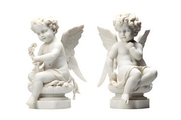 White marble statue of sitting cherub, isolated on transparent background
