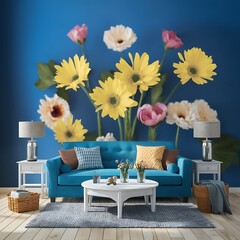 mockup poster frame in modern interior background, Room, interior, sofa, furniture, home, design, couch, house, bedchamber , living, white, bed, wall, apartment, hotel, contemporary, décor, comfortabl
