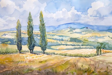 Obraz premium Watercolor Landscape Painting of Rolling Hills and Cypress Trees