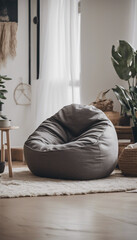 Bean bag chair in corner Scandinavian boho interior design of modern living room