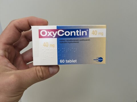 Prague,Czech republic-June 28 2024: OXY-CONTIN box of medication with Oxycodone active substance by Purdue Pharma, used for treatment of chronic and severe pain relief.