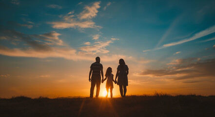 Fototapeta premium Family Watching Beautiful Sunset in Field 
