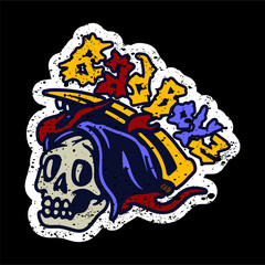 Obraz premium vector illustration tracing artwork of a skull grim reaper death calling invite to death with lettering text typography . Can be used as Logo, Brands, Mascots, tshirt, sticker,patch and Tattoo design.