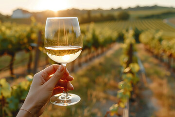 Woman holding a glass of white wine in vineyard