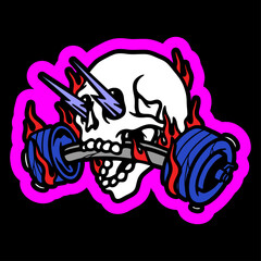 vector illustration tracing artwork of The skull bites the barbell and the eyes pop out with lightning. Can be used as Logo, Brands, Mascots, tshirt, sticker,patch and Tattoo design.