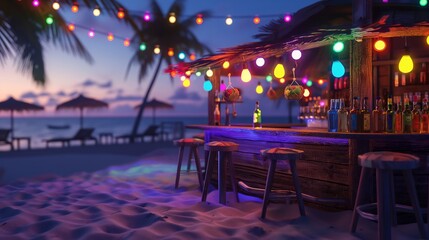 A bar on the beach with colourful lights