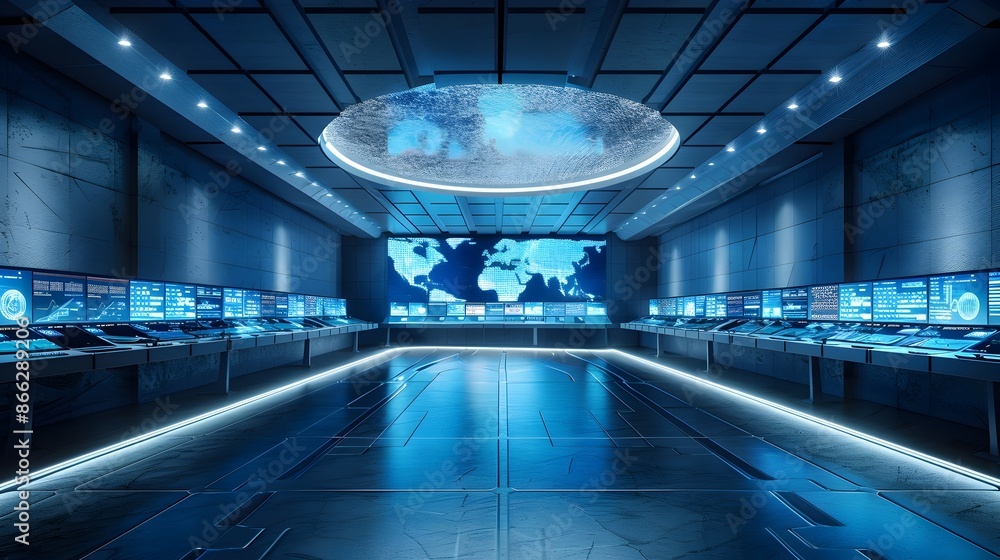 Poster high tech water distribution control room with real time data monitoring and analysis