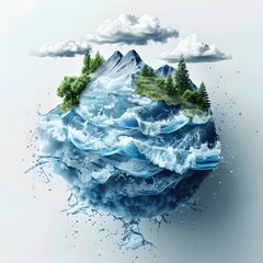 Obraz premium Representation of the Dynamic Water Cycle Ecosystem with Mountains Oceans and Flowing Currents