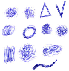 Drawn doodles and various shapes with a blue ballpoint pen on a white background